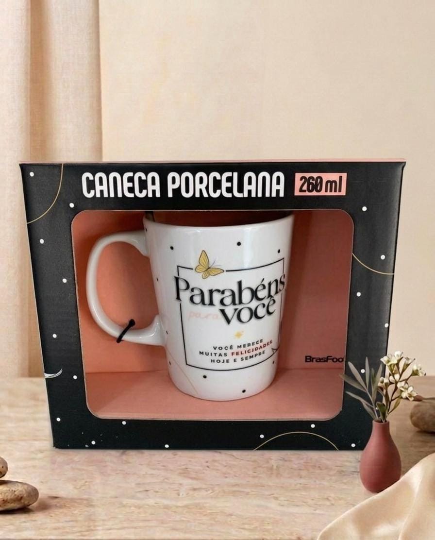 Caneca Porcelana Premium - Parabéns para Você